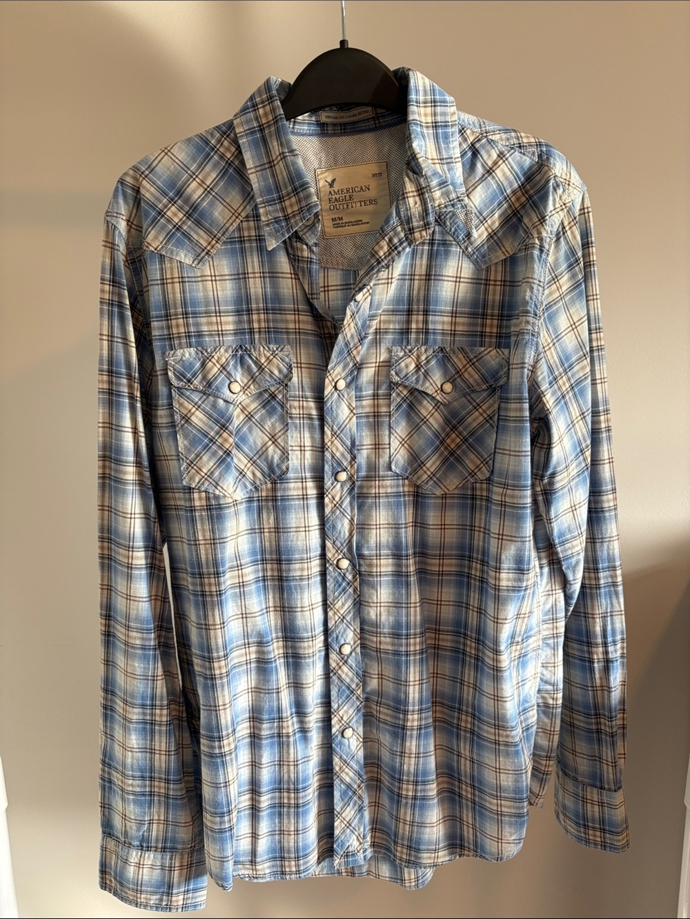 Y2K American Eagle Outfitters Blue and White Plaid Men's Button-Down Shirt